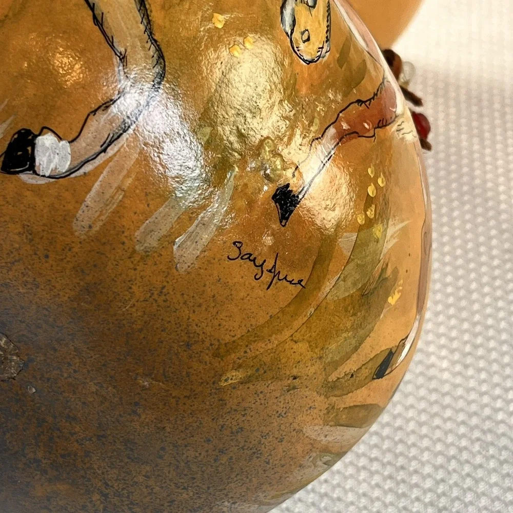 Hand Painted Horse Heads Gourd Art Pot Vase, Signed 10